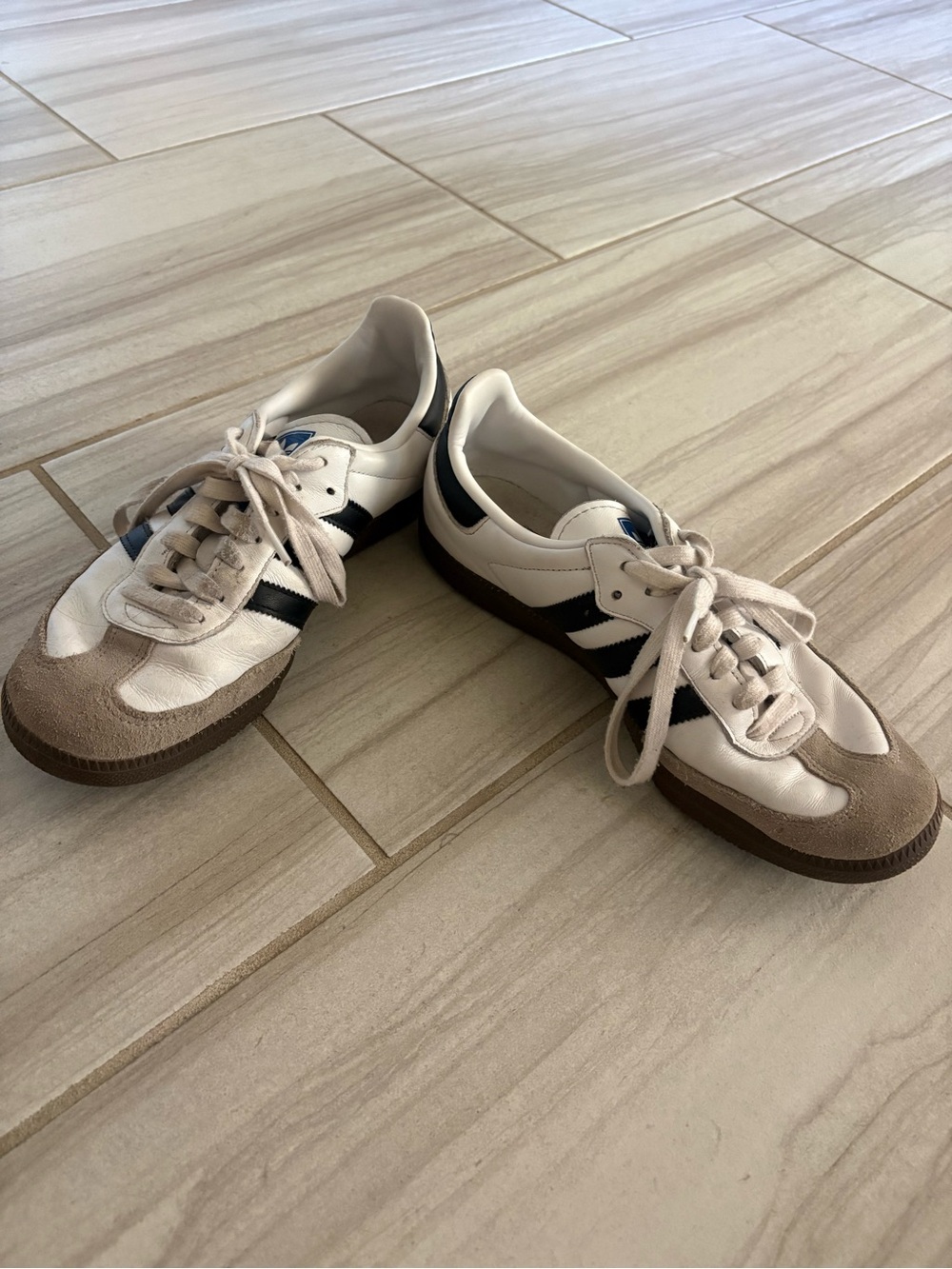 adidas White Sneakers with Black Stripes and Brown Suede Accents
